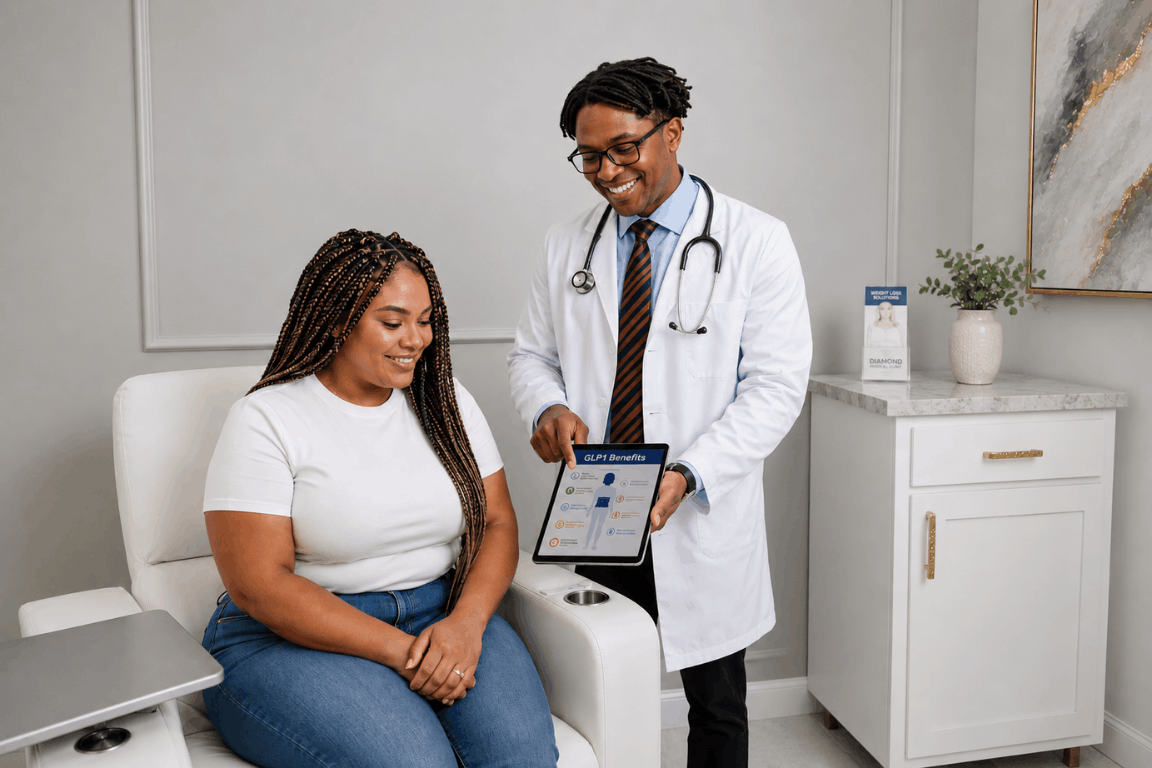 Dr. Kachi Nwabuko Discussing GLP-1 Weight Loss Treatment With Patient During Medical Consultation in San Antonio Florida
